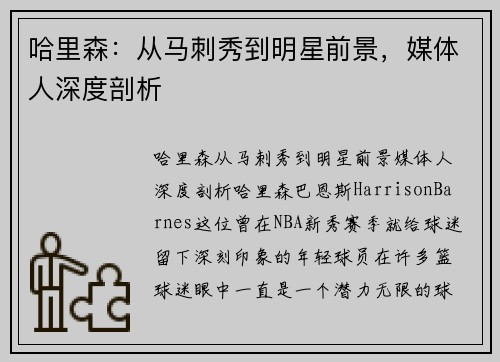 哈里森:从马刺秀到明星前景,媒体人深度剖析 哈里森:从马刺秀到明星前景,媒体人深度剖析